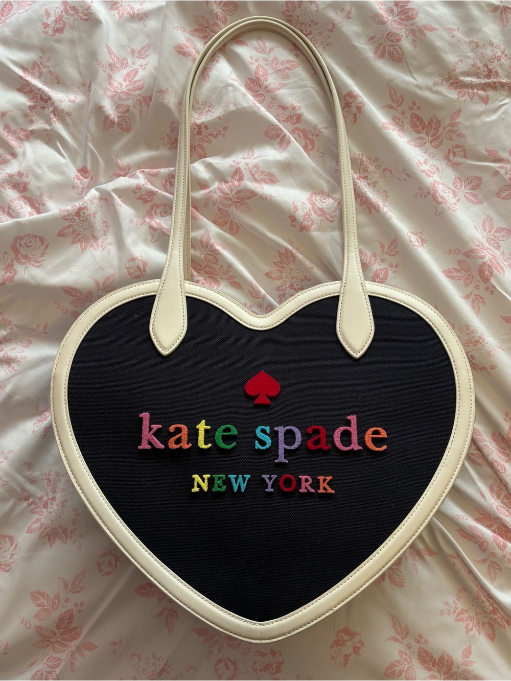 Kate Spade Rainbow Collection Love Shack Heart Tote Shoulder Bag Navy White Trim
